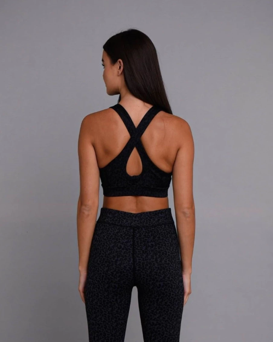 OOSC Women's Black Leopard Print Medium Support Crossback Sports Bra for Workout & Fitness