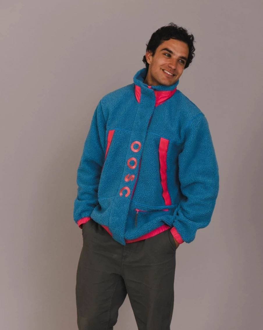 OOSC Men's Sherpa Fleece Jacket - Cozy Winter Warm Blue & Pink Plaid Lined Outdoor Coat