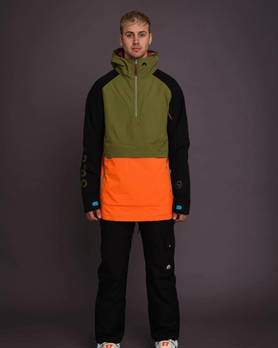 OOSC Men's Snow Park Overhead Jacket - Orange & Khaki Winter Outerwear for Cold Weather