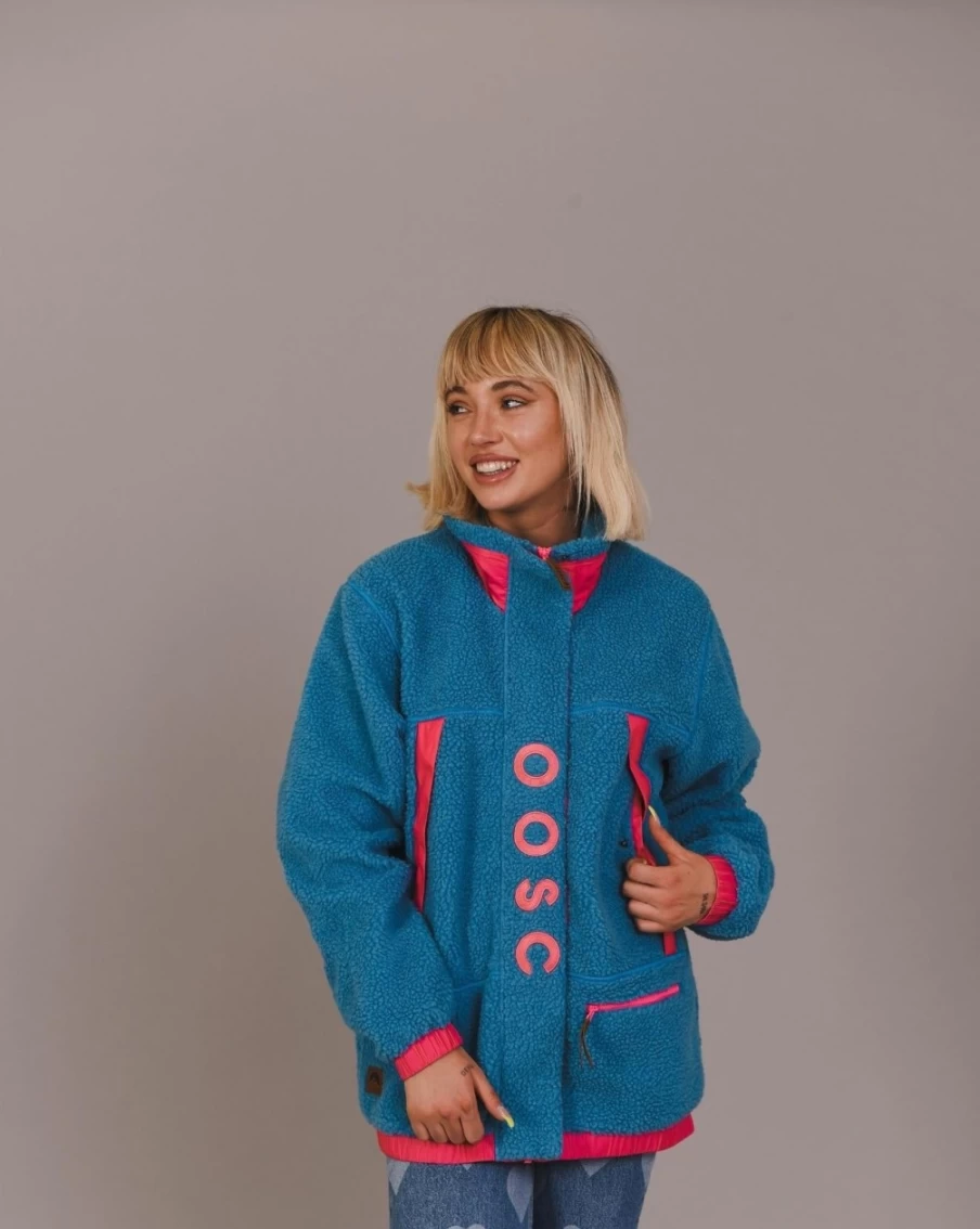 OOSC Men's Sherpa Fleece Jacket - Blue & Pink Plush Lined Winter Coat