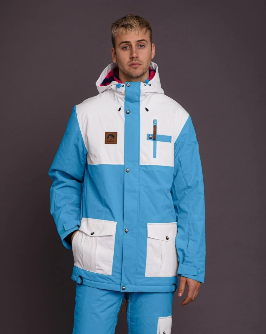 OOSC Men's Ski Snowboard Jacket - Waterproof Winter Sports Coat for Men, Blue & White Windproof Insulated Snow Jacket