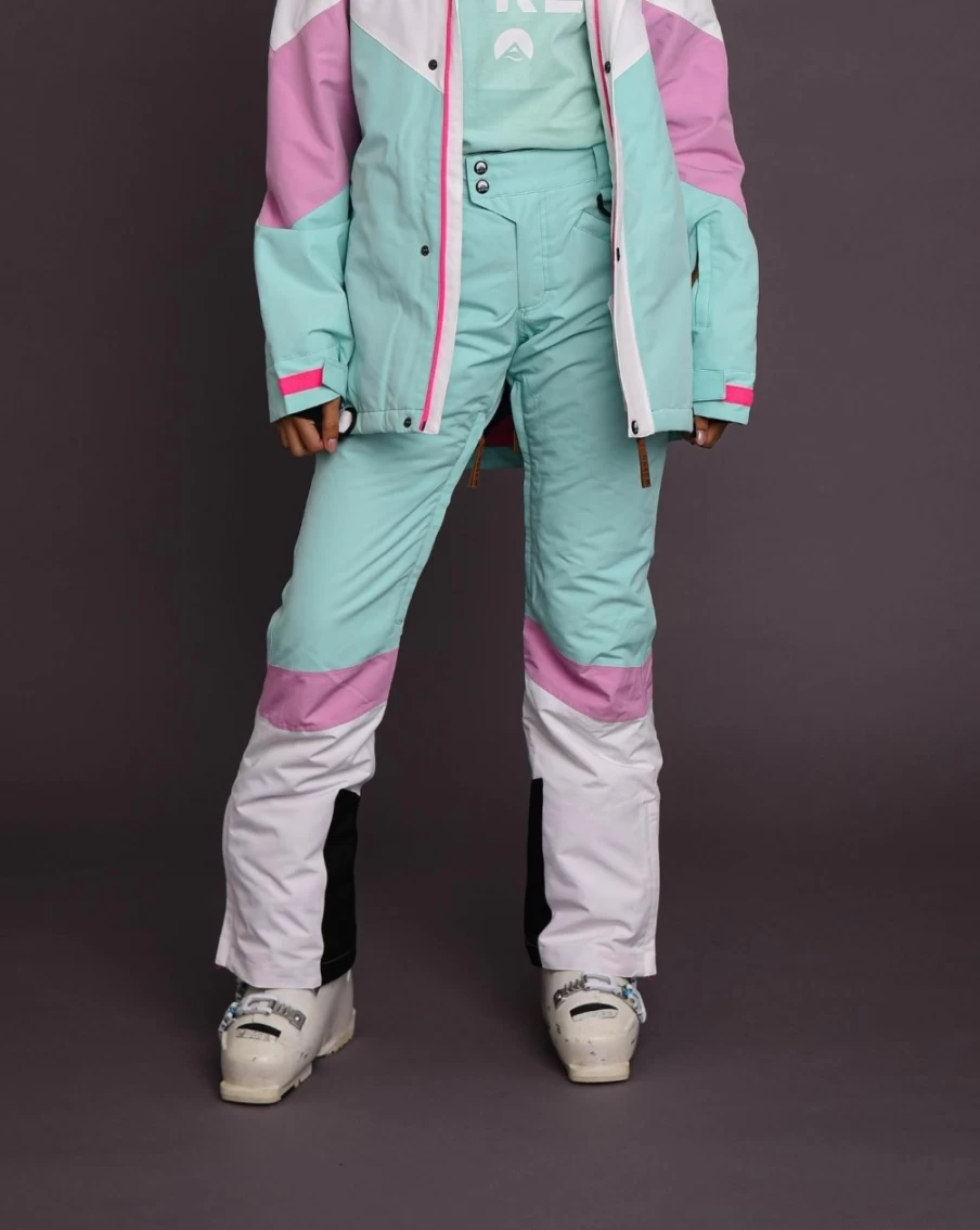 OOSC Women's 1080 Ski & Snowboard Pants - Pastel Pink, White & Mint Waterproof Winter Sports Gear