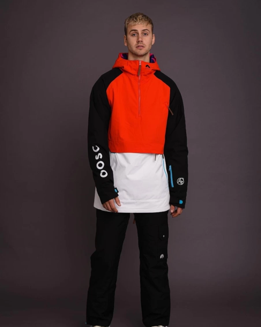OOSC Men's Snow Park Overhead Jacket - White & Red Winter Outerwear for Cold Weather