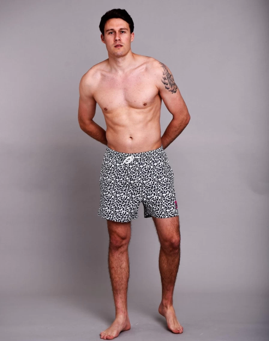 OOSC Men's Snow Leopard Print Swim Shorts - Quick Dry Beach Shorts for Men
