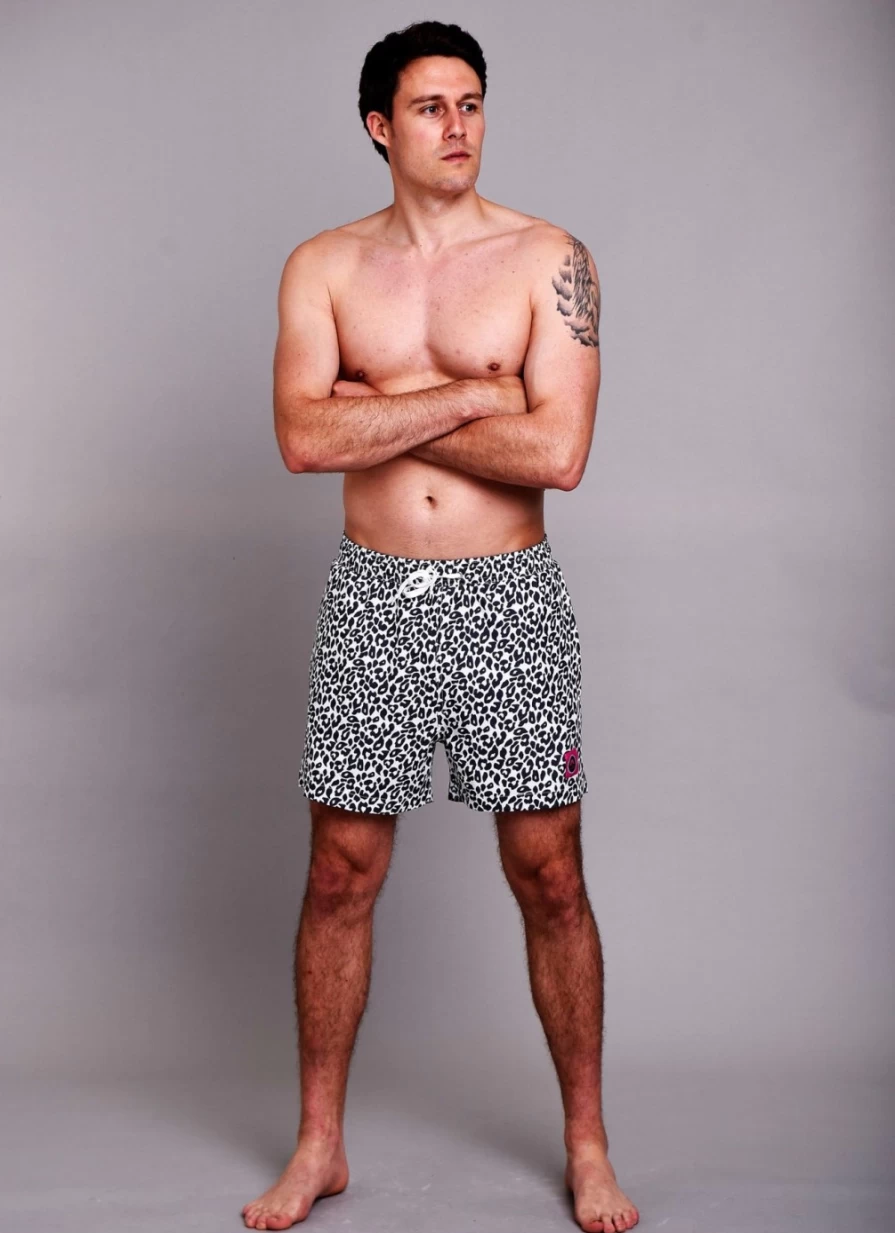 OOSC Men's Snow Leopard Print Swim Shorts - Quick Dry Beach Shorts for Men