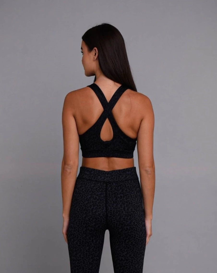 OOSC Women's Black Leopard Print Medium Support Crossback Sports Bra for Workout & Fitness